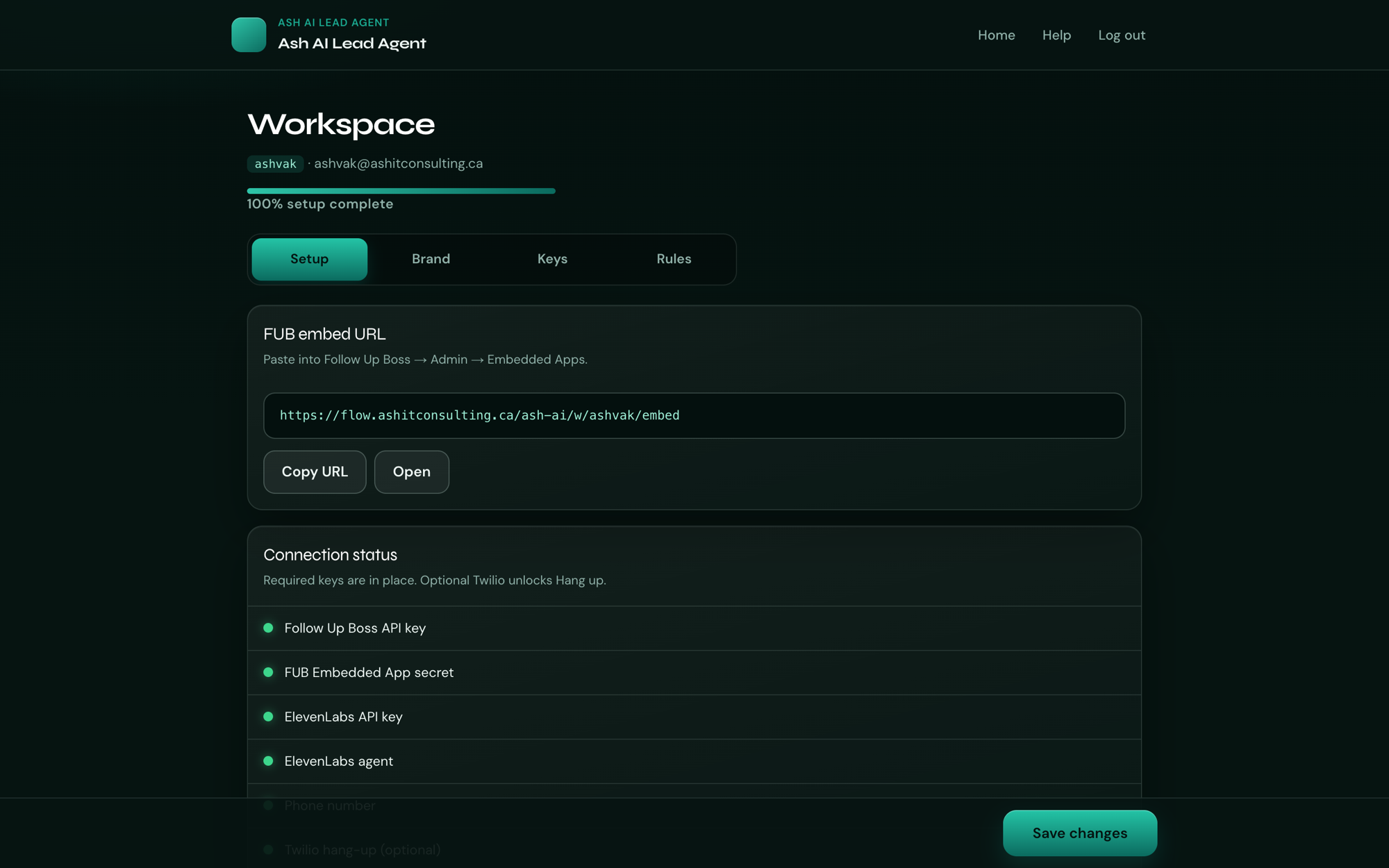 CRM Voice workspace dashboard — setup, embed URL, and connection status