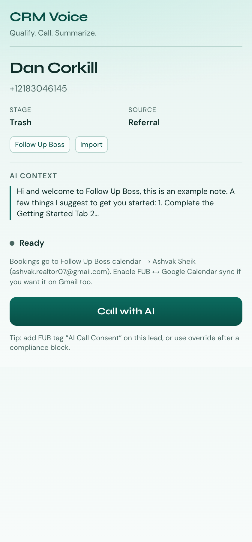 CRM Voice panel inside Follow Up Boss with Call with AI