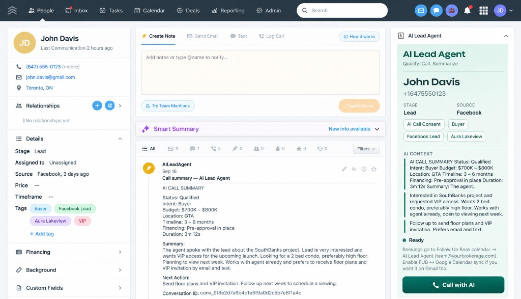 CRM Voice on a Follow Up Boss person page with Call with AI